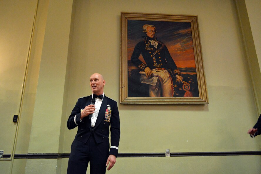 Maj. Gen. Timothy Zadalis, 618th Air Operations Center commander, Scott Air Force Base, lll., provides remarks as the guest speaker during the 440th Airlift Wing and 43rd Airlift Group’s 2014 Annual Awards banquet held at the Fort Bragg Club, Feb. 21, Fort Bragg, N.C. Zadalis was previously the 43rd Airlift Wing and Pope installation commander from July, 2006 to May, 2008. (U.S. Air Force photo/Marvin Krause)