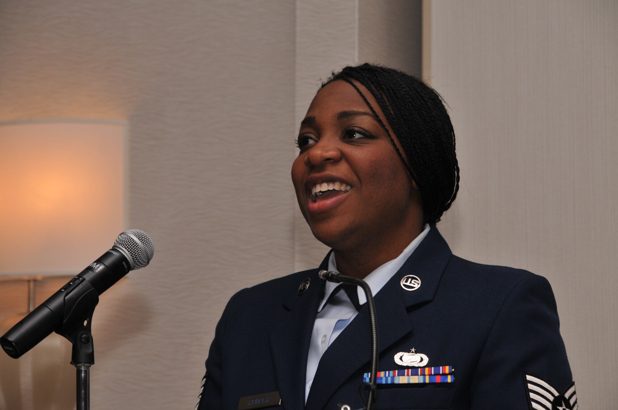 U.S. Air Force Staff Sgt. Michaela Diallo provides musical entertainment at the 171st Air Refueling Wing's 32nd annual African-American Heritage Luncheon, Friday, Feb. 27, 2015, at the Pittsburgh Airport Marriott in Coraopolis, Pa. The event allowed the 171st ARW to celebrate "A Century of Black Life, History, and Culture" with the local community during African-American History Month. (U.S. Air National Guard photo by Airman 1st Class Allyson L Manners/ Released)