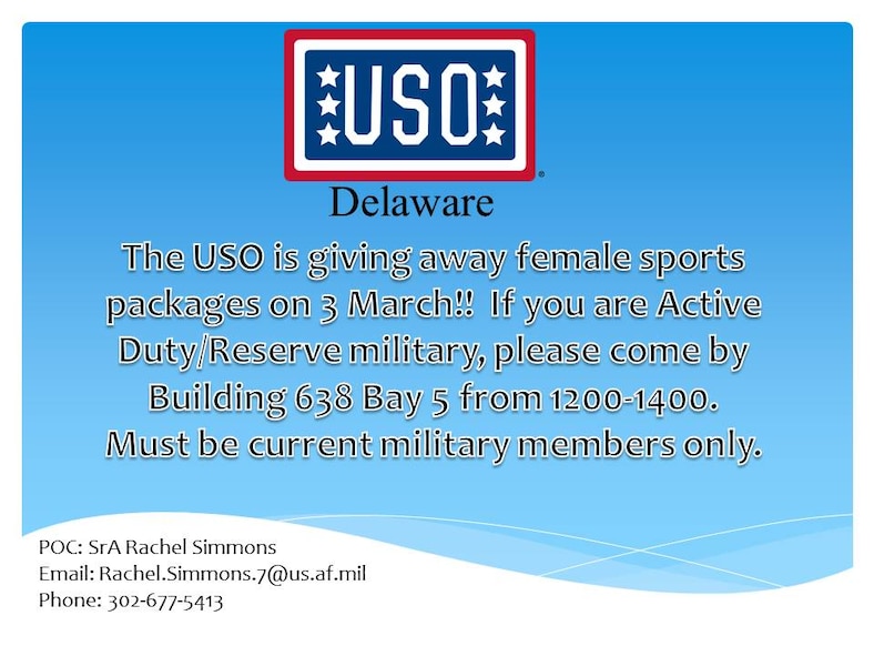 The USO is giving away female sports packages March 3, here. If you are Active Duty/Reserve military, come by building 638 Bay 5 from noon to 2 p.m. Must be a current military member. 
