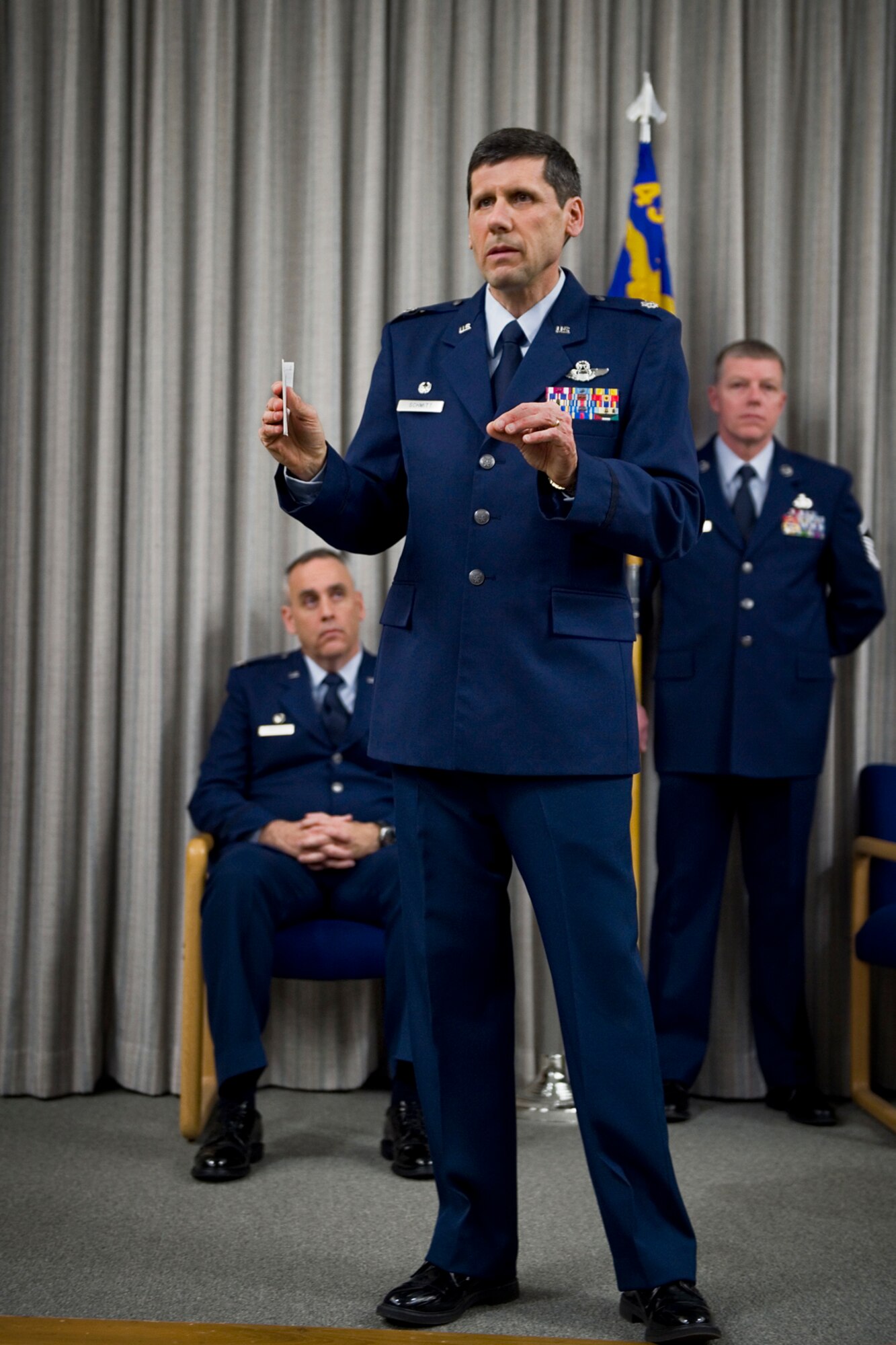 Lt. Col. Dave Schmitt, 434th Operations Support Squadron commander, speaks to guests after assuming command of the 434th OSS during a ceremony at Grissom Air Reserve Base, Ind., Feb. 6, 2015. Schmitt came to Grissom March 2013 as a 74th Air Refueling Squadron operations planner and has been the 434th OSS commander fill-in since October 2014. (U.S. Air Force photo/Tech. Sgt. Benjamin Mota)