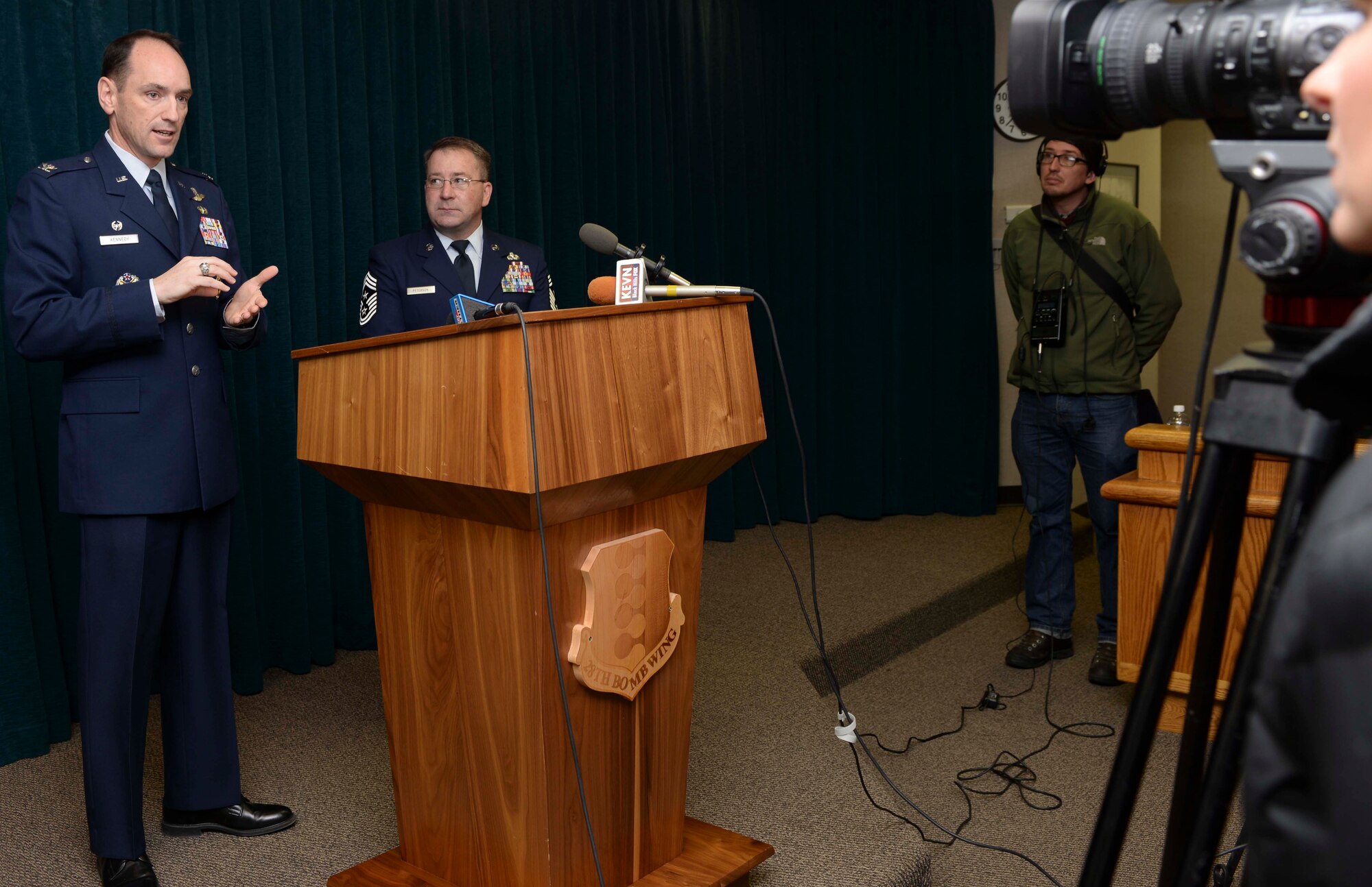 Col. Kevin Kennedy, 28th Bomb Wing commander, provides media representatives with an update of accomplishments and future activities during his state of the base address at Ellsworth Air Force Base, S.D., Feb. 26, 2015. Kennedy touched on a variety of topics including operations tempo, the status of the proposed Powder River Training Complex airspace expansion, and the upcoming Dakota Thunder 2015 airshow. (U.S. Air Force photo by Senior Airman Anania Tekurio/Released)