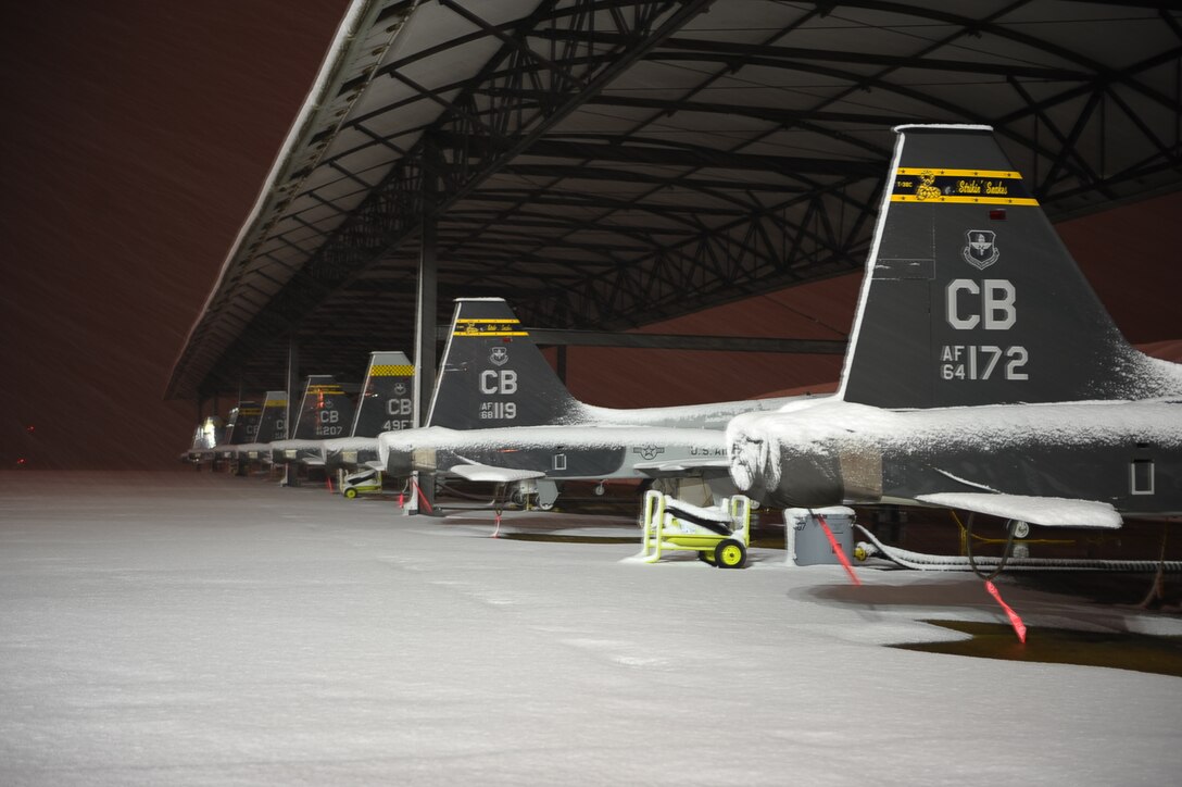 Columbus AFB T-38 Talons sit protected from the snow ironically by sun shelters Feb. 25. The base was closed Feb. 25-26 as more than 5 inches of snow were recorded on the base.(U.S. Air Force photo/Airman Daniel Lile)