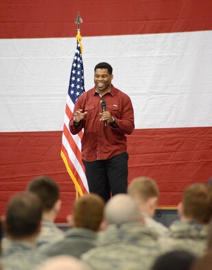 Herschel Walker, former NFL running back, talks to Tinker Airmen about mental health issues during his visit to the base this week. For as much success as he’s had during his standout career, Mr. Walker suffers from mental illness and now travels the country, talking to service members about his early struggles and encouraging them to seek help for behavioral issues. His message is one of resiliency and goes hand-in-hand with the Air Force’s Comprehensive Airman Fitness program, which includes the four pillars of wellness — mental, physical, social and spiritual. (Air Force photo by Kelly White)