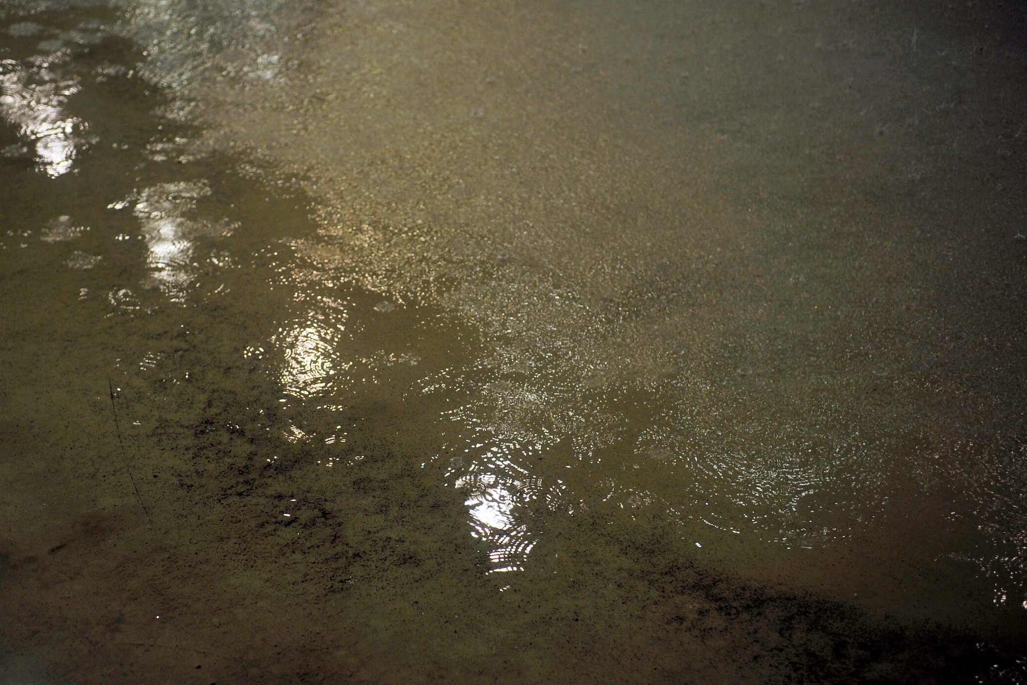 Water flows to drains in the floor of a hangar during a biennial fire suppression system test, Feb. 19, 2015 at Ramstein Air Base, Germany. The test is done to ensure the system is working properly and can affectively distinguish possible fires in the future. (U.S. Air Force photo/Airman 1st Class Larissa Greatwood)