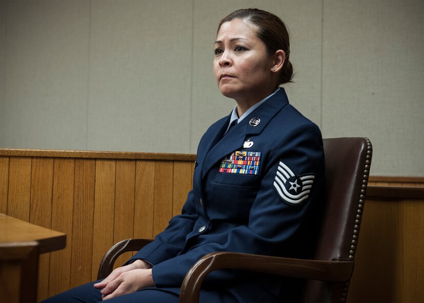 Tech. Sgt. Katherine Simpkins, 8th Fighter Wing command section superintendent, testifies against an alleged perpetrator during a sexual assault mock trial Feb. 24, 2015, at Kunsan Air Base, Republic of Korea. Mock trials are just one of Kunsan’s Sexual Assault Prevention and Response programs, which take a unique approach to prevention by emphasizing the aftermath of a sexual assault that goes to trial. (U.S. Air Force photo by Senior Airman Katrina Heikkinen/Released)
