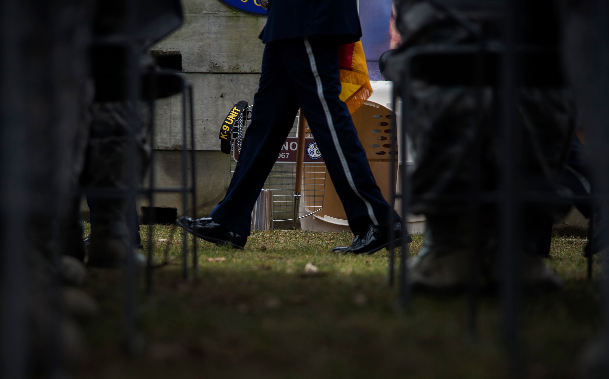 The Ramstein Honor Guard presents the colors during a memorial ceremony held for Sano, 86th Security Forces Squadron military working dog, at Ramstein Air Base, Germany, Feb. 24, 2015. Sano served with the 86th SFS for seven years as an explosive ordnance detection K-9. (U.S. Air Force photo/Senior Airman Damon Kasberg)