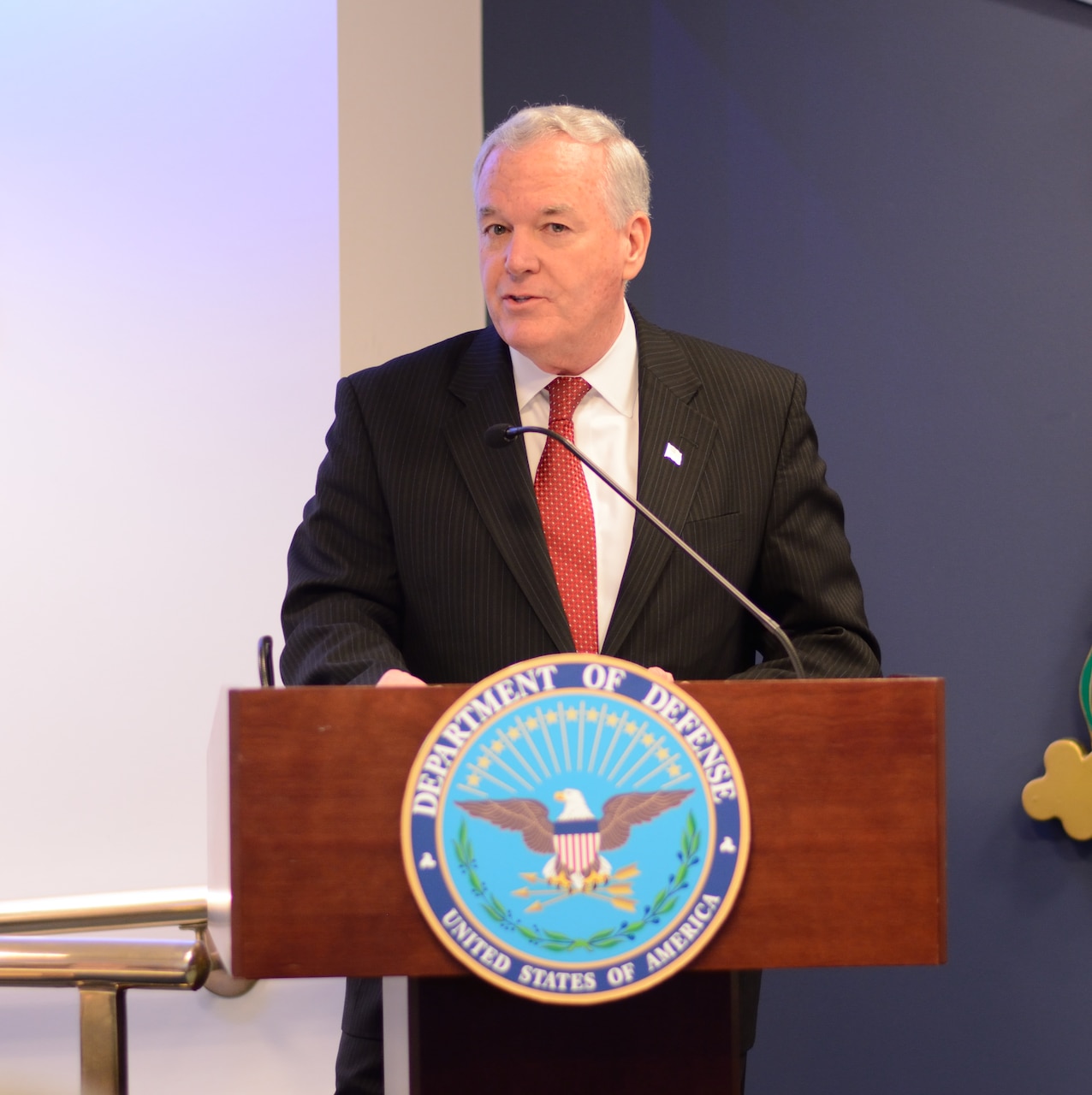 Principal Deputy Assistant Secretary of Defense for Reserve Affairs, Richard O. Wightman, Jr. presents the 2014 Reserve Family Readiness Awards to the top units in the seven Reserve and National Guard services at a ceremony Feb. 27, 2015 at the Pentagon's Hall of Heroes. The Reserve Family Readiness Award is given to the unit in each of the seven services that demonstrates excellence in engaging with and supporting their members' families. Their unit's leaders found new and impacting ways to connect with families, which is incredibly important when the unit is preparing to deploy, during deployment and after they return home. The leaders recognized today represent the best in the country for their efforts in 2014. (DoD photo by Steve Turner, Office of the Secretary of Defense, Reserve Affairs)