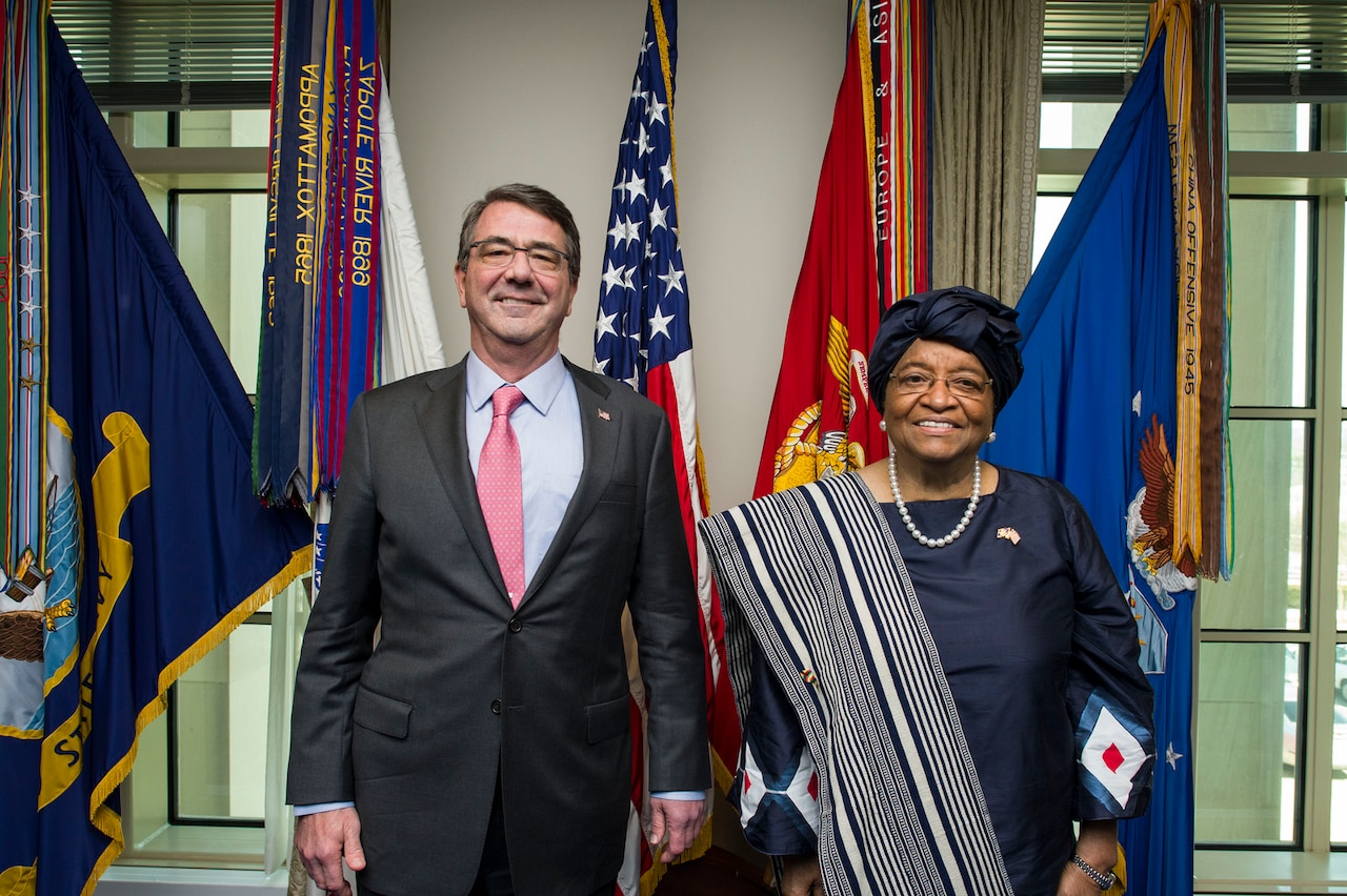 Secretary of Defense Ash Carter hosts an honor cordon for Liberian President Ellen Johnson Sirleaf at the Pentagon Feb. 27, 2015. DoD photo by Navy Petty Officer 2nd Class Sean Hurt