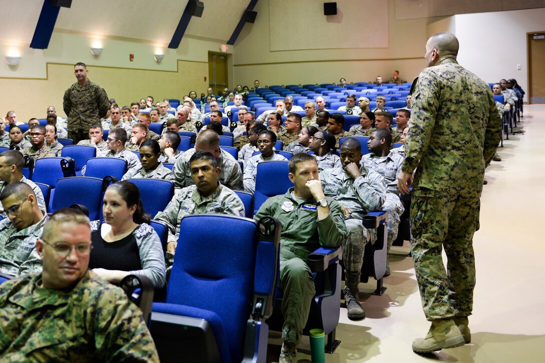 Marine Corps Sgt. Maj. Bryan Battaglia, right, senior enlisted advisor ...