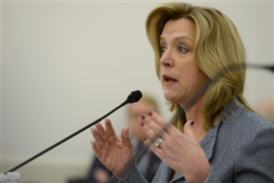 Air Force Secretary Deborah Lee James testifies before the House Appropriations Committee's defense subcommittee in Washington, D.C., Feb. 27, 2015. James and Air Force Chief of Staff Gen. Mark A. Welsh III met with the House members to discuss the Air Force's fiscal year 2016 budget request.