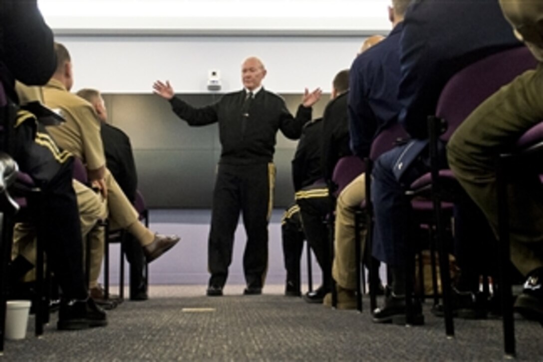 Army Gen. Martin E. Dempsey, chairman of the Joint Chiefs of Staff, speaks with students and spouses attending a Capstone course at the National Defense University on Fort Lesley J. McNair in Washington, D.C., Feb., 27, 2015. The six-week course aims to make students more effective in planning and employing U.S. forces in joint and combined operations. The course also is mandatory for senior officers in the U.S. military.