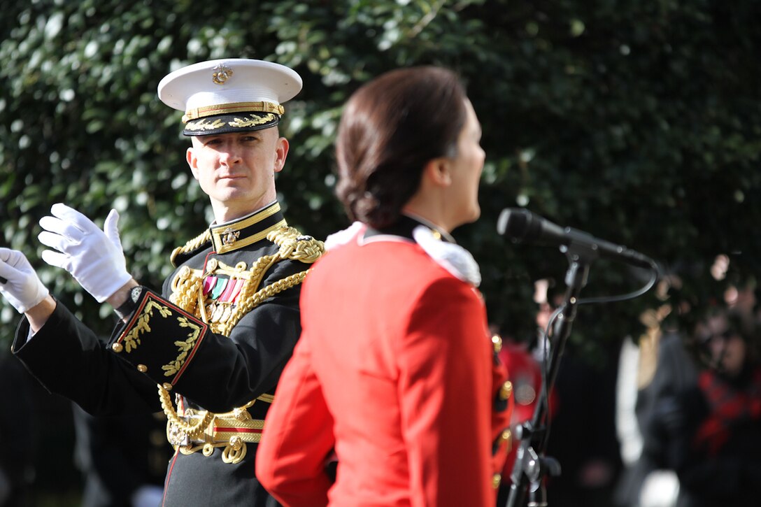 On Jan. 1, 2015, at Marine Barracks Washington, D.C., the U.S. Marine Band performed the annual New Year’s Day “Surprise Serenade” for the 36th Commandant of the Marine Corps General Joseph F. Dunford, a tradition that dates back to the mid-1800s. Conducted by Director Lt. Col. Jason K. Fettig, the ensemble performed The Marines’ Hymn, “The Stars and Stripes Forever,” “Bless this House”, and “Semper Fidelis.” (U.S. Marine Corps photo by Gunnery Sgt. Amanda Simmons/released)