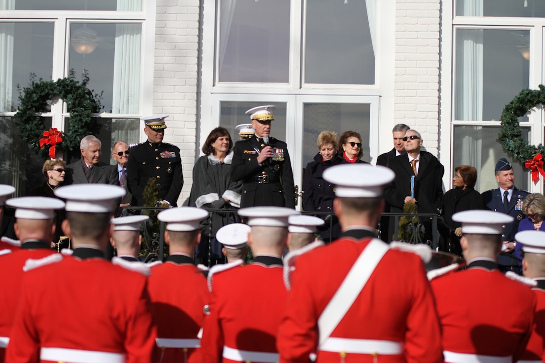 On Jan. 1, 2015, at Marine Barracks Washington, D.C., the U.S. Marine Band performed the annual New Year’s Day “Surprise Serenade” for the 36th Commandant of the Marine Corps General Joseph F. Dunford, Jr., a tradition that dates back to the mid-1800s. Conducted by Director Lt. Col. Jason K. Fettig, the ensemble performed The Marines’ Hymn, “The Stars and Stripes Forever,” “Bless this House”, and “Semper Fidelis.” (U.S. Marine Corps photo by Gunnery Sgt. Amanda Simmons/released)