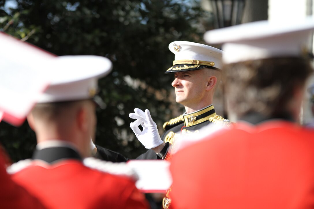 On Jan. 1, 2015, at Marine Barracks Washington, D.C., the U.S. Marine Band performed the annual New Year’s Day “Surprise Serenade” for the 36th Commandant of the Marine Corps General Joseph F. Dunford, Jr., a tradition that dates back to the mid-1800s. Conducted by Director Lt. Col. Jason K. Fettig, the ensemble performed The Marines’ Hymn, “The Stars and Stripes Forever,” “Bless this House”, and “Semper Fidelis.” (U.S. Marine Corps photo by Gunnery Sgt. Amanda Simmons/released)