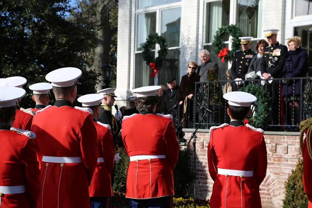 On Jan. 1, 2015, at Marine Barracks Washington, D.C., the U.S. Marine Band performed the annual New Year’s Day “Surprise Serenade” for the 36th Commandant of the Marine Corps General Joseph F. Dunford, Jr., a tradition that dates back to the mid-1800s. Conducted by Director Lt. Col. Jason K. Fettig, the ensemble performed The Marines’ Hymn, “The Stars and Stripes Forever,” “Bless this House”, and “Semper Fidelis.” (U.S. Marine Corps photo by Gunnery Sgt. Amanda Simmons/released)