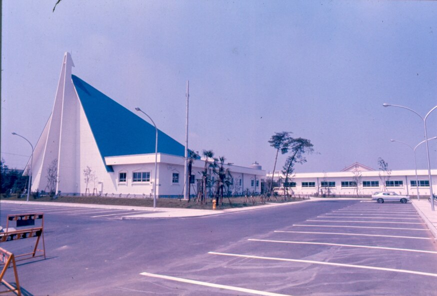 An August 1975 view of Yokota's main base chapel soon after completion.
The chapel officially opened on 7 September 1975, and was built as part of
the Kanto Plain Consolidation Plan. (Photo courtesy of the 374th 
Airlift Wing History Office)
