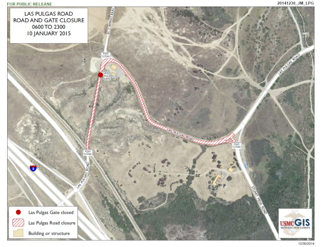 The ROICC is planning to close the Las Pulgas Gate and a portion of Las Pulgas Road from 0600 to 2300 on 10 Jan 15 as part of a MILCON project to install a cross-base water line. Las Pulgas Road will remain open east of the Stuart Mesa Road intersection. Traffic bound for training and cantonment areas in the vicinity of the Las Pulgas Gate should use the Basilone Gate or the Main Gate during the closure.