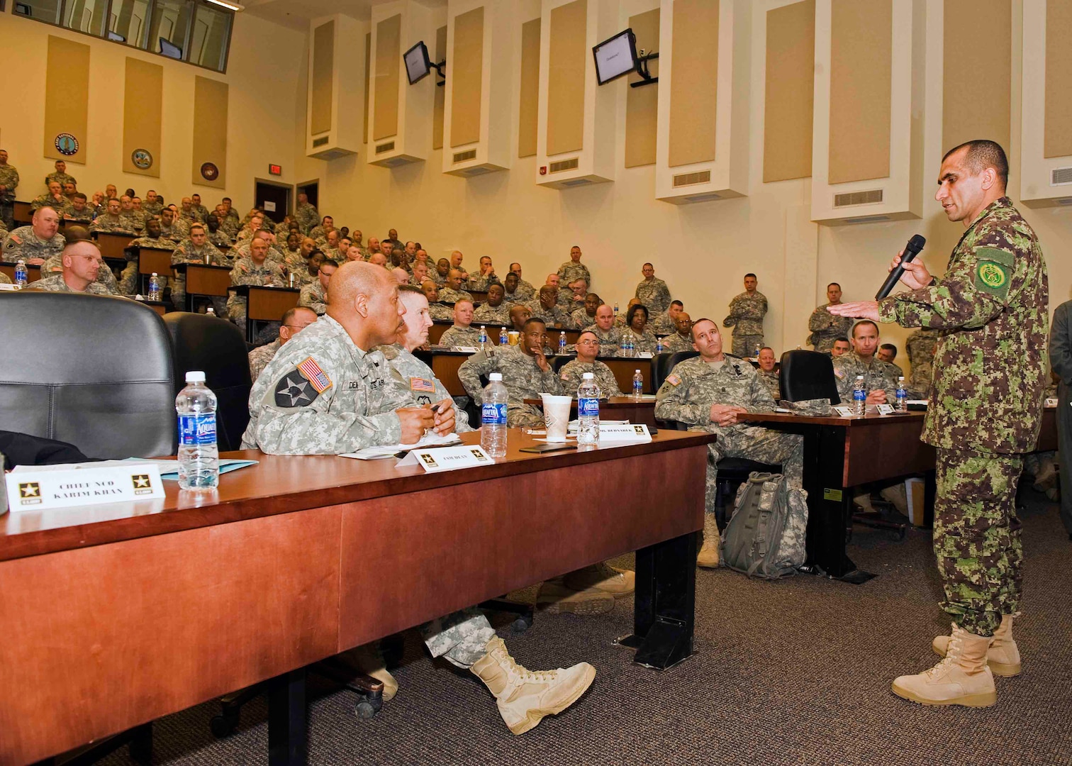 Afghanistan Sergeant Major of the Army Safi Roshan talks about the situation in Afghanistan with the Soldiers and staff of the Camp Atterbury Joint Maneuver Training Center in central Indiana March 10, 2010. Roshan toured the facility with Afghan Police Chief Non-Commissioned Officer Khan Karim to update U.S. forces group about the situation in Afghanistan. Camp Atterbury has trained thousands of mobilizing Soldiers deploying to Afghanistan in recent years.