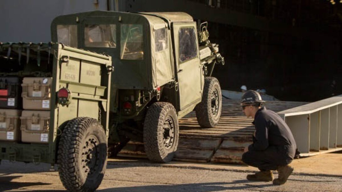 Marines with Combat Logistics Battalion 2, Combat Logistics Regiment 2, 2nd Marine Logistics Group, work with the Marines and sailors of the 24th Marine Expeditionary Unit as they load vehicles, equipment and personnel aboard the USS New York at the port in Morehead City, N.C., Dec. 13, 2014. 