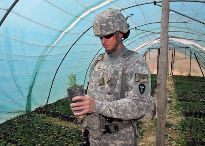 U.S. Army Capt. Charles Peters, the Texas National Guard's Agribusiness Development Team operations officer, inspects the condition of a greenhouse during a site survey at Jungal Bagh Farm in Ghazni province, April 8, 2010. The Texas ADT works closely with farmers to achieve the best growing conditions for crops in Afghanistan.