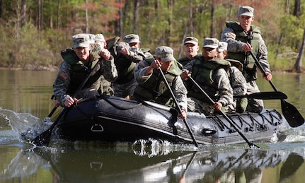 Cadets from the University of Alabama Birmingham's ROTC program race to the finish during a Spring Challenge at Oak Mountain State Park on Saturday, April 10th. The cadets are using a F470 Zodiac assault vessel supplied by the Alabama Guard's 20th Special Forces.