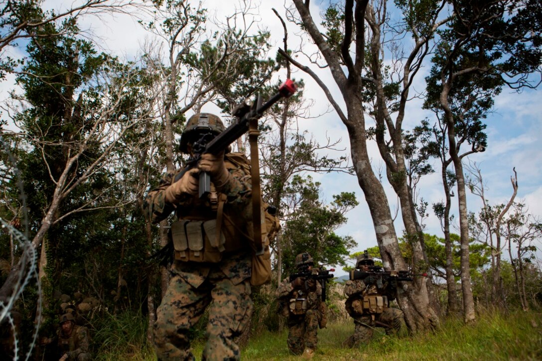 U.S Marines with Company E, Battalion Landing Team 2nd Battalion, 4th Marines, (BLT) 31st Marine Expeditionary Unit, provides security while conducting a vertical assault at Combat Town, Okinawa, Japan, Dec 8, 2014. Company E. is conducting training as part of the MEU Exercise and pre-deployment training. (U.S. Marine Corps Photo by Lance Cpl. Richard Currier/ Released)