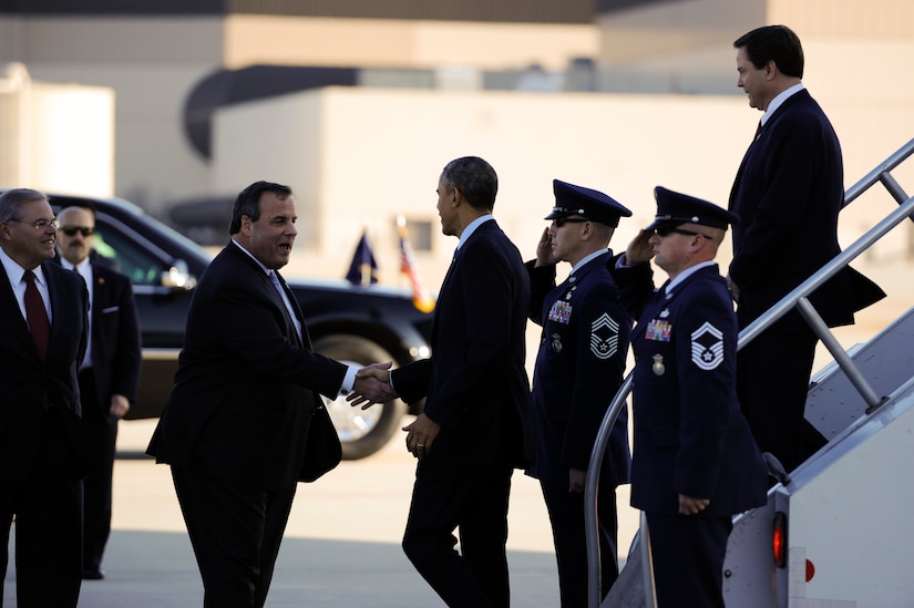 New Jersey Gov. Chris Christie greets President Barack Obama Dec. 15, 2015, at Joint Base McGuire-Dix-Lakehurst, N.J., before the president speaks to thank the service members for their on going commitment. More than 3,000 troops and Department of Defense civilians attended the event. (U.S. Air Force photo by Airman 1st Class Sean M. Crowe/Released)