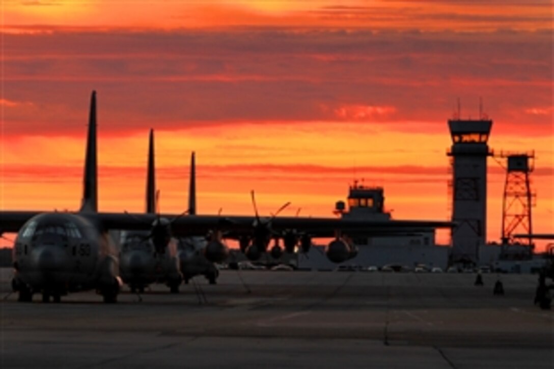 KC-130J Super Hercules aircraft sit staged on the flight line on Marine Corps Air Station Cherry Point, N.C., Jan. 5, 2015. KC-130J are assigned to Marine Aerial Refueler Transport Squadron 252.