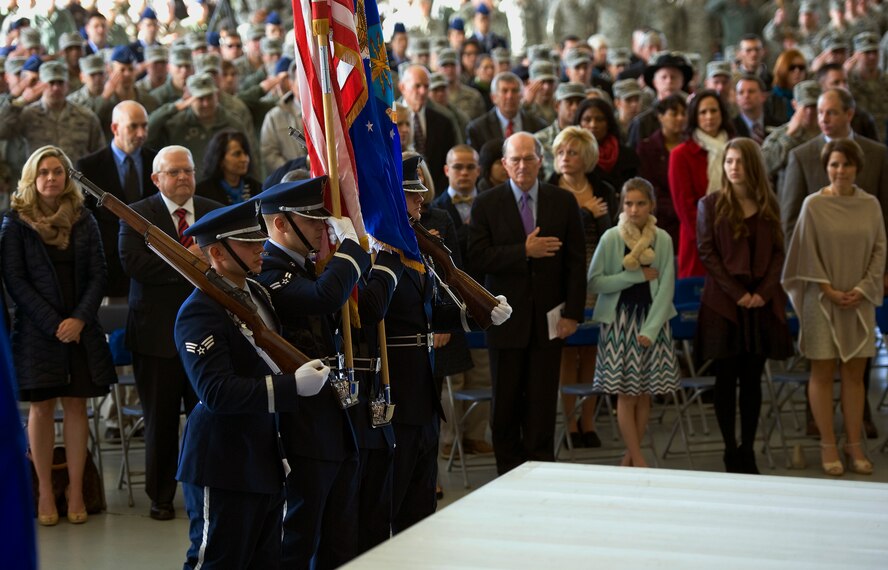 The Hurlburt Field Honor Guard presents the colors during the 1st Special Operations Wing change of command ceremony here, Jan. 6, 2015. Col. Sean Farrell assumed command of the 1st SOW from Col. Bill West during the ceremony. (U.S. Air Force photo/Staff Sgt. Kentavist P. Brackin)