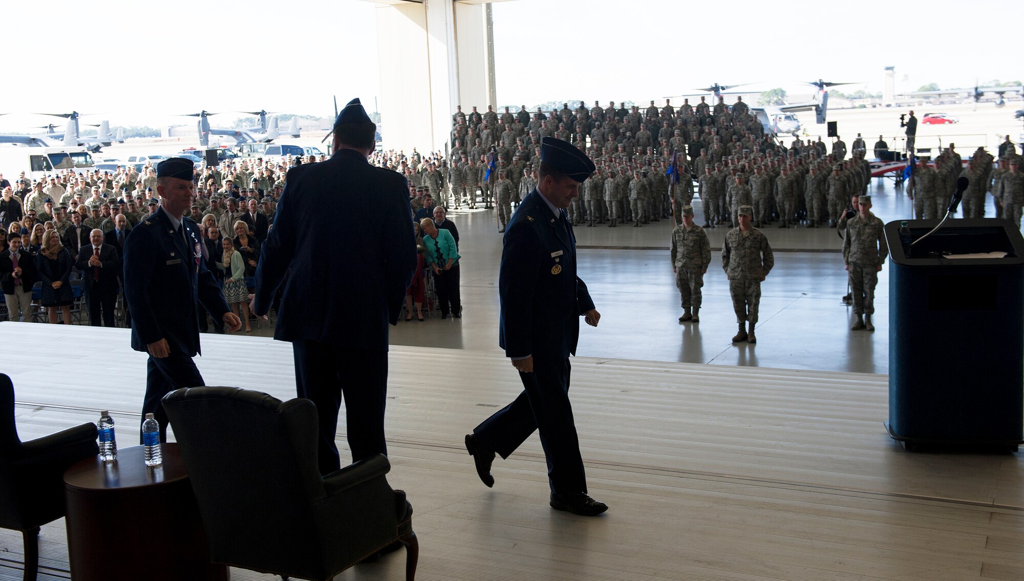 The official party for the1st Special Operation Wing change of command departs at the ceremonies conclusion here, Jan. 6, 2015. Col. Sean Farrell assumed command of the 1st SOW from Col. Bill West during the ceremony. (U.S. Air Force photo/Staff Sgt. Kentavist P. Brackin)