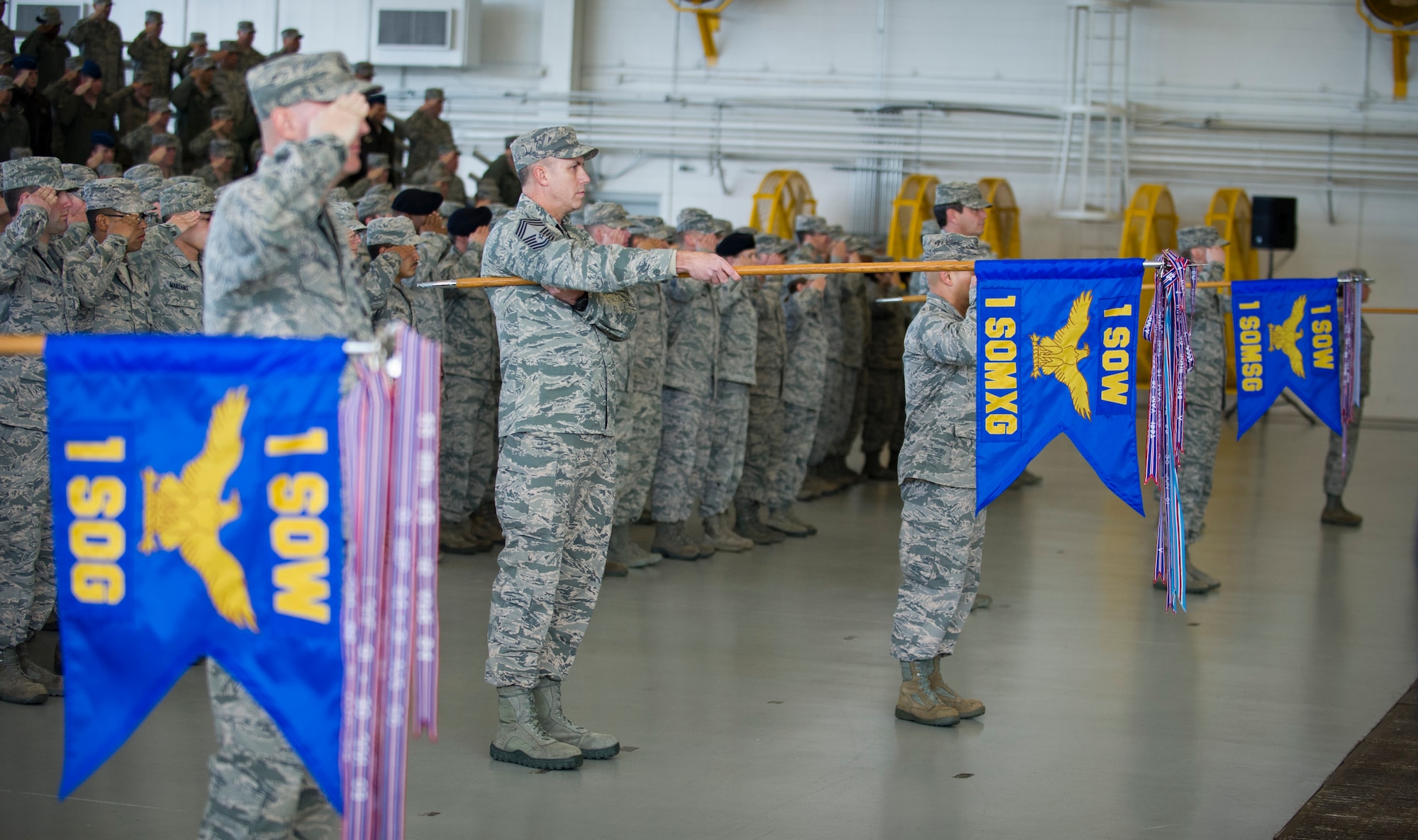 Commanders and Chiefs from the 1st Special Operations Wing present arms during the 1st Special Operations Wing change of command at the Freedom Hangar on Hurlburt Field, Fla., Jan. 6, 2015. Col. Sean Farrell assumed command of the 1st SOW during the ceremony. (U.S. Air Force photo/Senior Airman Krystal M. Garrett)
