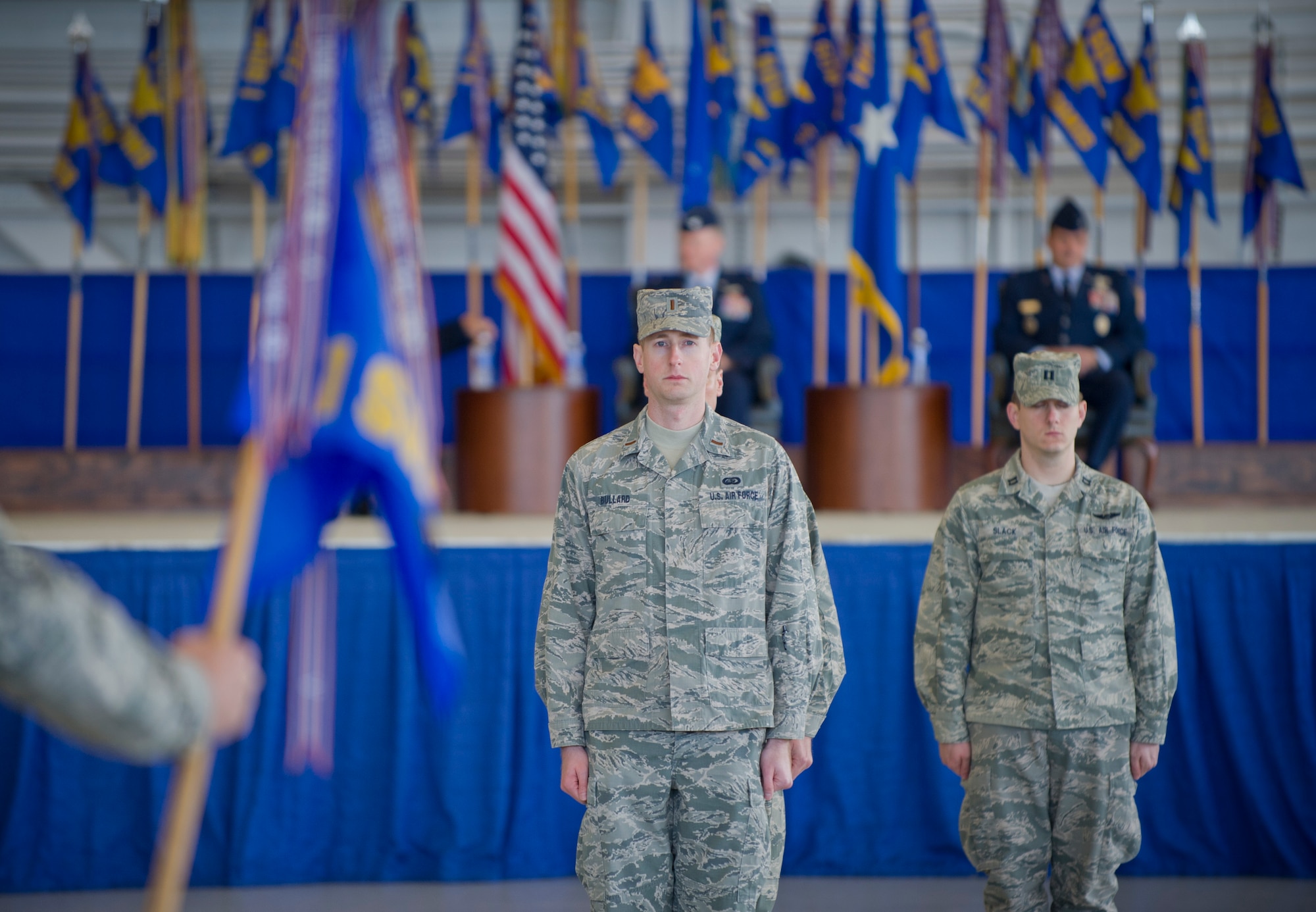 2nd Lt. Ryan Bullard, 1st Special Operations Force Support Squadron chief of military personnel services, served as the adjutant during the 1st Special Operations Wing change of command at the Freedom Hangar on Hurlburt Field, Fla., Jan. 6, 2015. Col. Sean Farrell assumed command of the 1st SOW during the ceremony. (U.S. Air Force photo/Senior Airman Krystal M. Garrett)