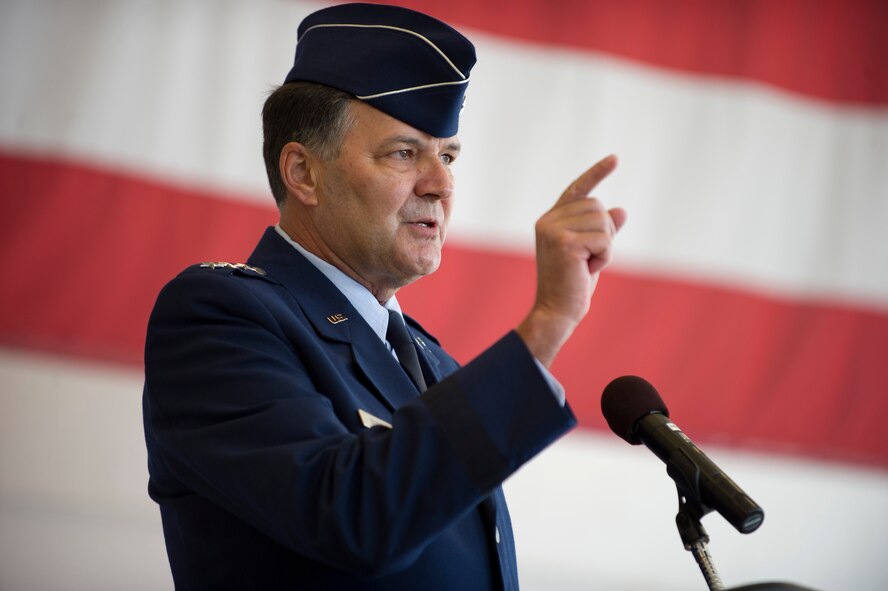 Lt. Gen. Bradley Heithold, commander of the Air Force Special Operations Command, speaks during the 1st Special Operations Wing change of command ceremony at the Freedom Hangar on Hurlburt Field, Fla., Jan. 6, 2015. Col. Sean Farrell assumed command of the 1st SOW during the ceremony. (U.S. Air Force photo/Senior Airman Krystal M. Garrett)