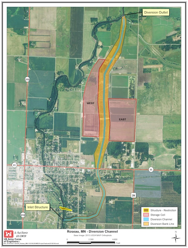 Map of the Roseau, Minnesota, flood risk management project.
