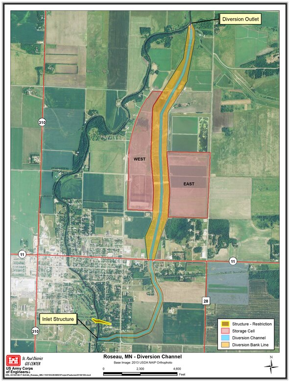 Map of the Roseau, Minnesota, flood risk management project.