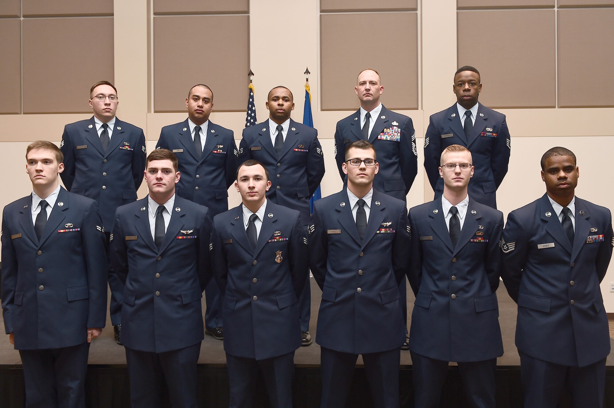 Eleven Team Buckley members were promoted to their next ranks Jan. 5, 2015, at the Leadership Development Center on Buckley Air Force Base, Colo. These Airmen were honored by their co-workers, families and friends during the ceremony. (U.S. Air Force photo by Airman 1st Class Luke W. Nowakowski/Released)
