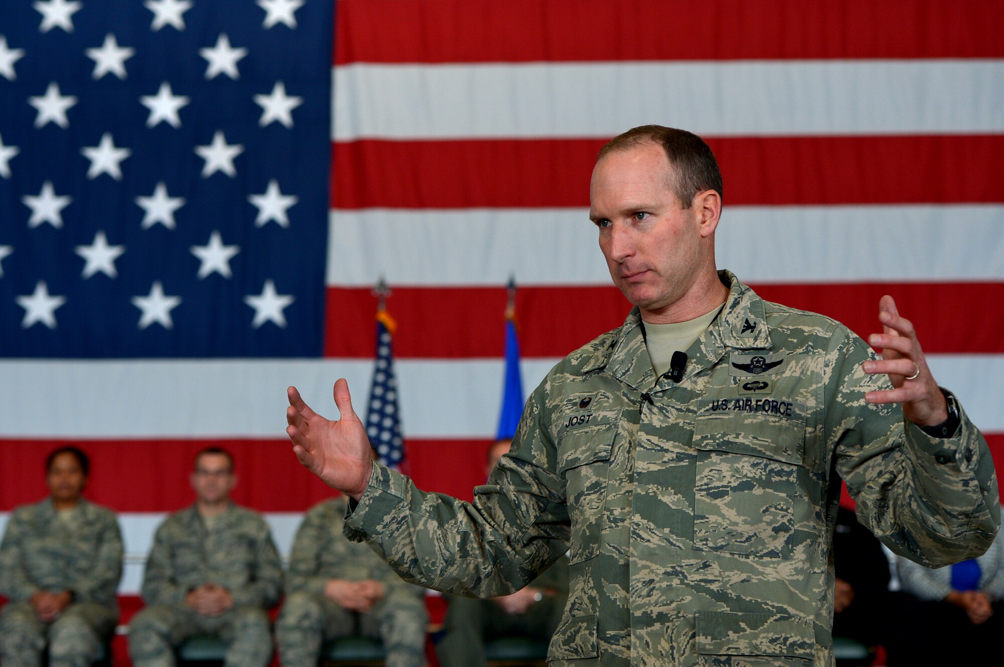 U.S. Air Force Col. Stephen Jost, 20th Fighter Wing commander, emphasizes the importance of  “Airman Up,” a new initiative encouraging Airmen to perform at the highest level while striving to achieve personal and unit goals at Shaw Air Force Base, S.C. Jan. 5, 2015 Jost spoke at length about “Airman Up” and expressed his excitement for the new year. (U.S. Air Force photo by Staff Sgt. Kenny Holston/Released)