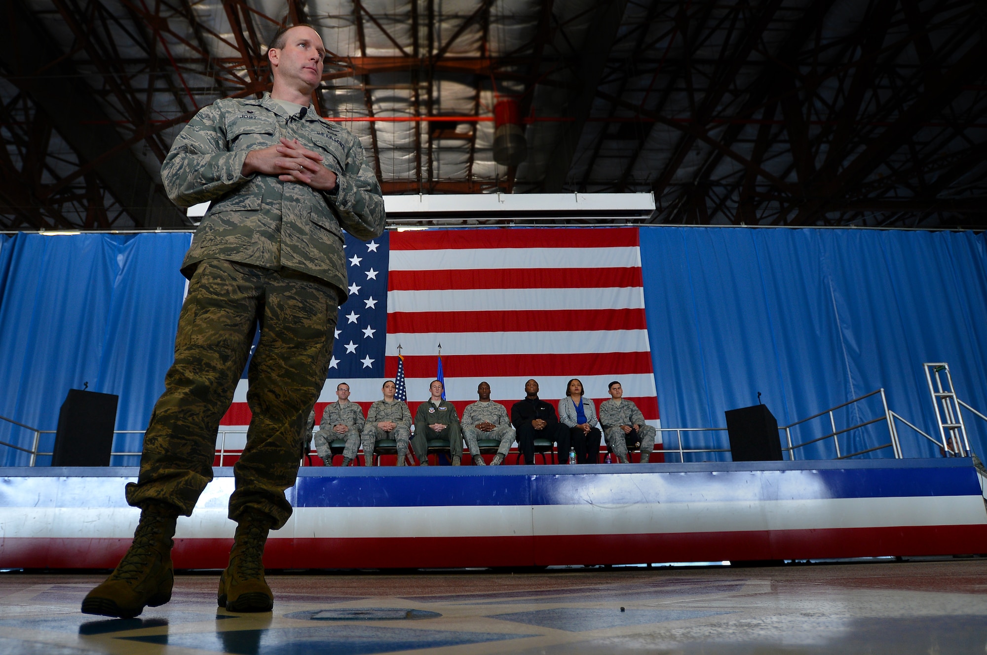 U.S. Air Force Col. Stephen Jost, 20th Fighter Wing commander, speaks to 20th FW Airmen during an all-call, at Shaw Air Force Base, S.C., Jan. 5, 2015. Jost unveiled a new initiative called “Airman Up,” encouraging all Airmen to continue being outstanding and while striving for grater achievements in all aspects of their lives on-and off-duty. (U.S. Air Force photo by Staff Sgt. Kenny Holston/Released)