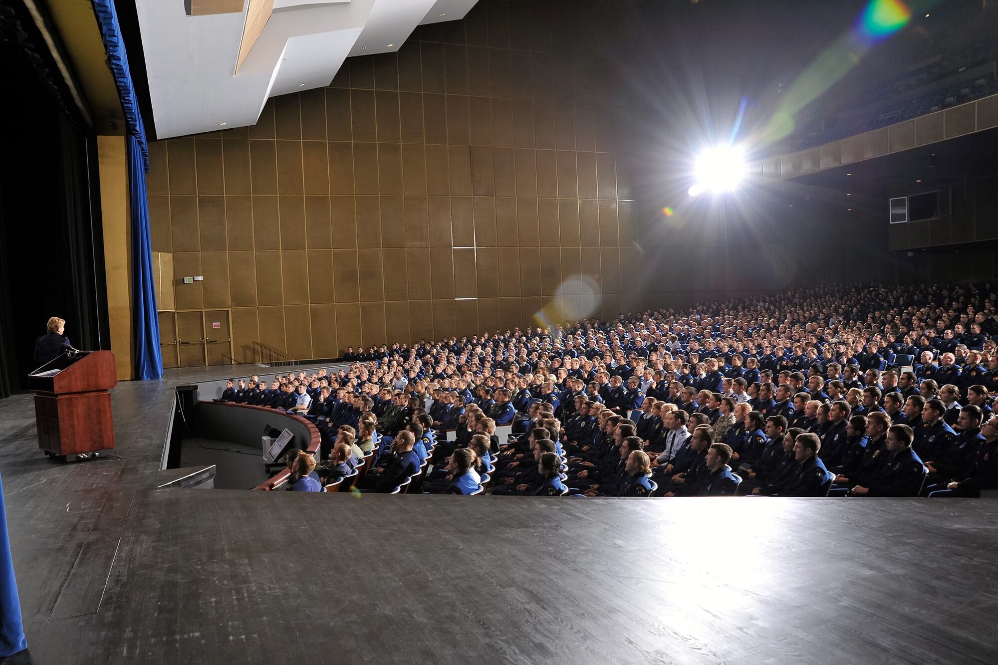 Academy Superintedent Lt. Gen. Michelle D. Johnson speaks to the classes of 2015 and 2016 in Arnold Hall Jan. 5, 2015. General Johnson emphasized the importance of creating a culture of commitment and a climate of respect both in and outside the Academy. (U.S. Air Force photo/Liz Copan)