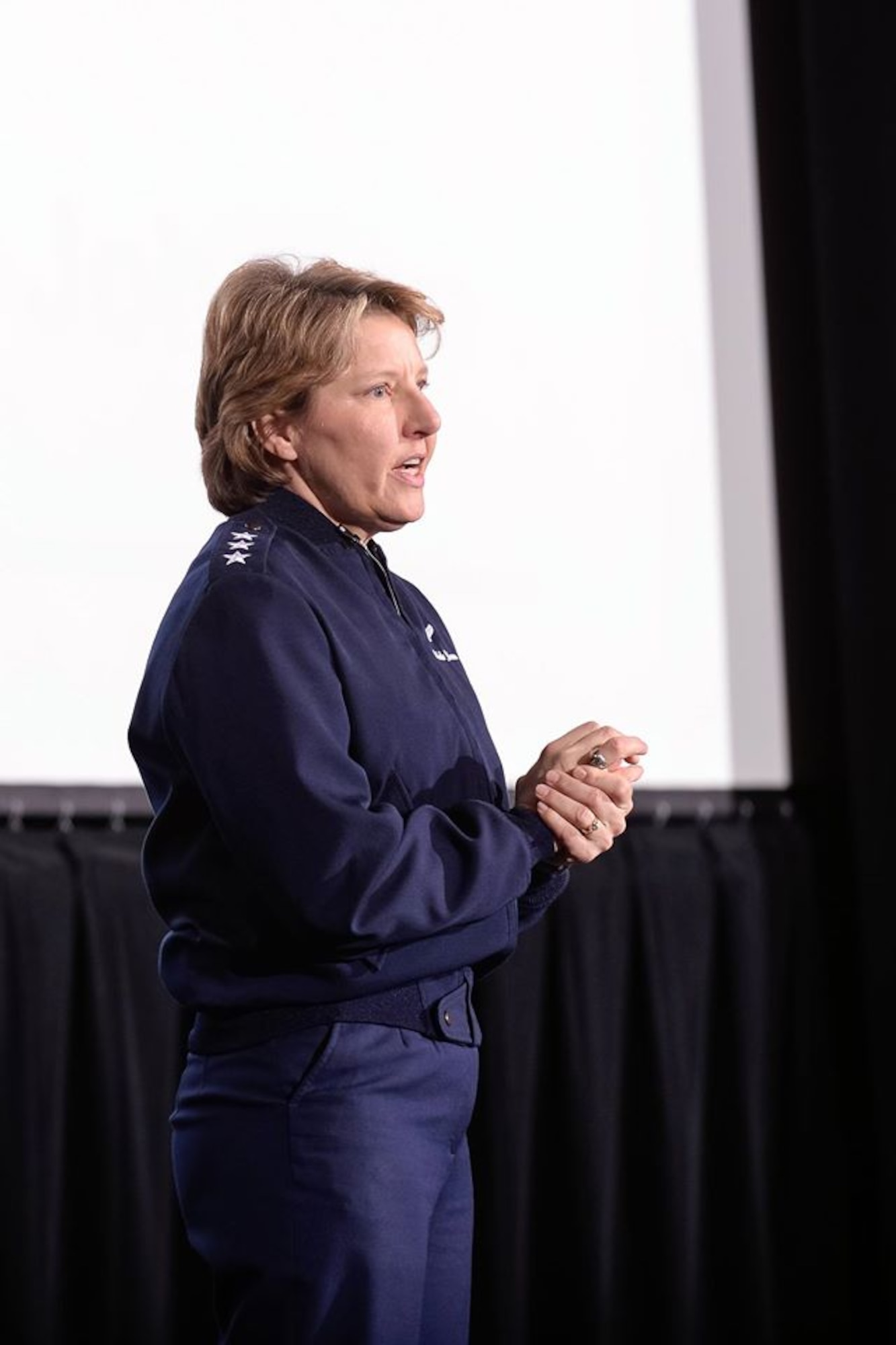 Academy Superintedent Lt. Gen. Michelle D. Johnson speaks to the classes of 2015 and 2016 in Arnold Hall Jan. 5, 2015. General Johnson emphasized the importance of creating a culture of commitment and a climate of respect both in and outside the Academy. (U.S. Air Force photo/Liz Copan)