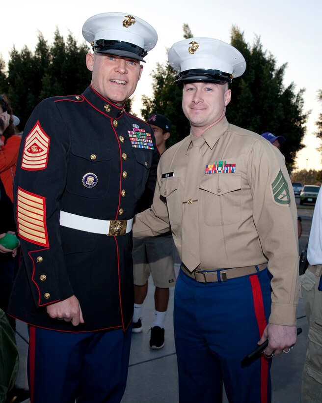 Sgt. Maj. Micheal P. Barrett, the 17th Sergeant Major of the Marine Corps, speaks with Marines and civilians before the 2015 Semper Fidelis All-American Bowl, at the StubHub Center, Carson, Calif., on Jan. 4, 2015. (U.S. Marine Corps photo by Lance Cpl. Samantha K. Draughon/ Released)