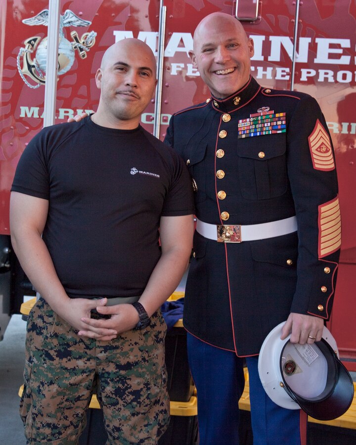 Sgt. Maj. Micheal P. Barrett, the 17th Sergeant Major of the Marine Corps, speaks with Marines and civilians before the 2015 Semper Fidelis All-American Bowl, at the StubHub Center, Carson, Calif., on Jan. 4, 2015. (U.S. Marine Corps photo by Lance Cpl. Samantha K. Draughon/ Released)
