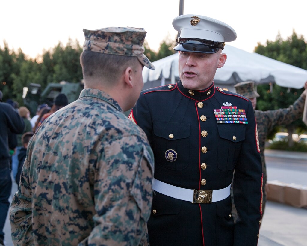 Sgt. Maj. Micheal P. Barrett, the 17th Sergeant Major of the Marine Corps, speaks with Marines and civilians before the 2015 Semper Fidelis All-American Bowl, at the StubHub Center, Carson, Calif., on Jan. 4, 2015. (U.S. Marine Corps photo by Lance Cpl. Samantha K. Draughon/ Released)