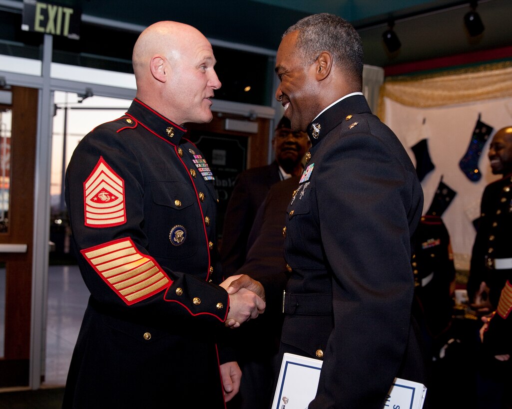 Sgt. Maj. Micheal P. Barrett, the 17th Sergeant Major of the Marine Corps, speaks with Marines and civilians before the 2015 Semper Fidelis All-American Bowl, at the StubHub Center, Carson, Calif., on Jan. 4, 2015. (U.S. Marine Corps photo by Lance Cpl. Samantha K. Draughon/ Released)
