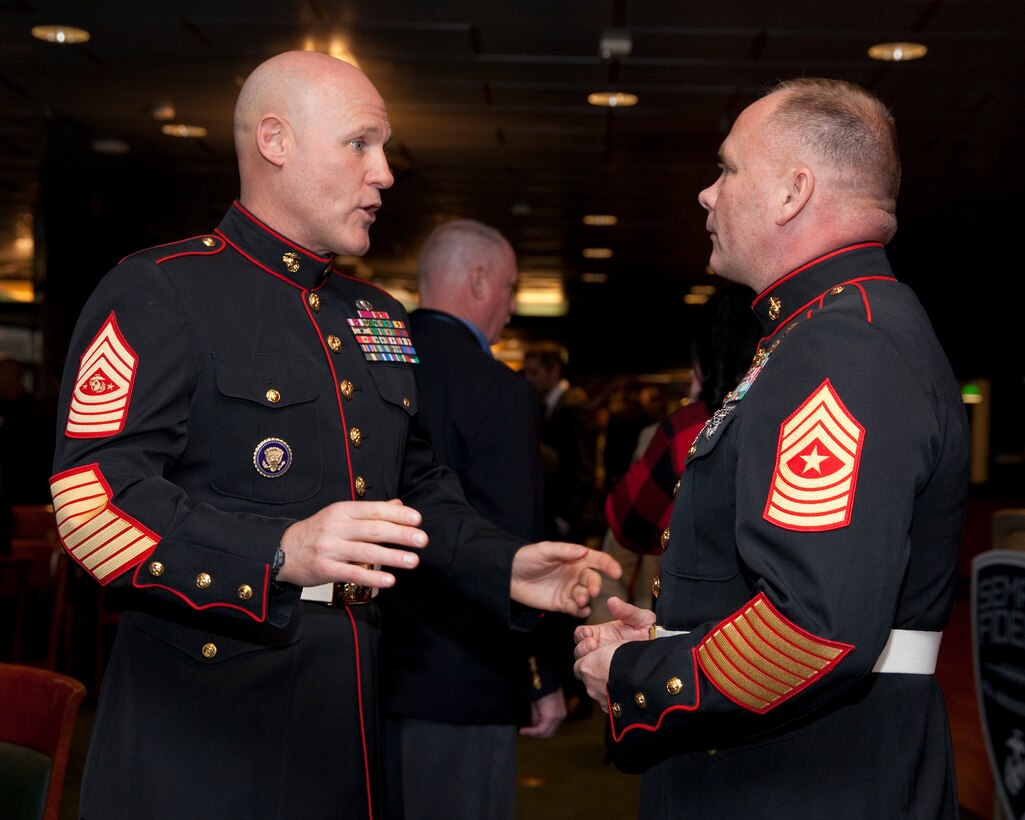 Sgt. Maj. Micheal P. Barrett, the 17th Sergeant Major of the Marine Corps, speaks with Marines and civilians before the 2015 Semper Fidelis All-American Bowl, at the StubHub Center, Carson, Calif., on Jan. 4, 2015. (U.S. Marine Corps photo by Lance Cpl. Samantha K. Draughon/ Released)