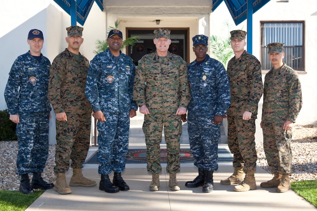 Sgt. Maj. Micheal P. Barrett, the 17th Sergeant Major of the Marine Corps, with Marines and Sailors at Naval Base San Diego, Calif., on Jan. 5, 2015. (U.S. Marine Corps photo by Lance Cpl. Samantha K. Draughon/ Released)