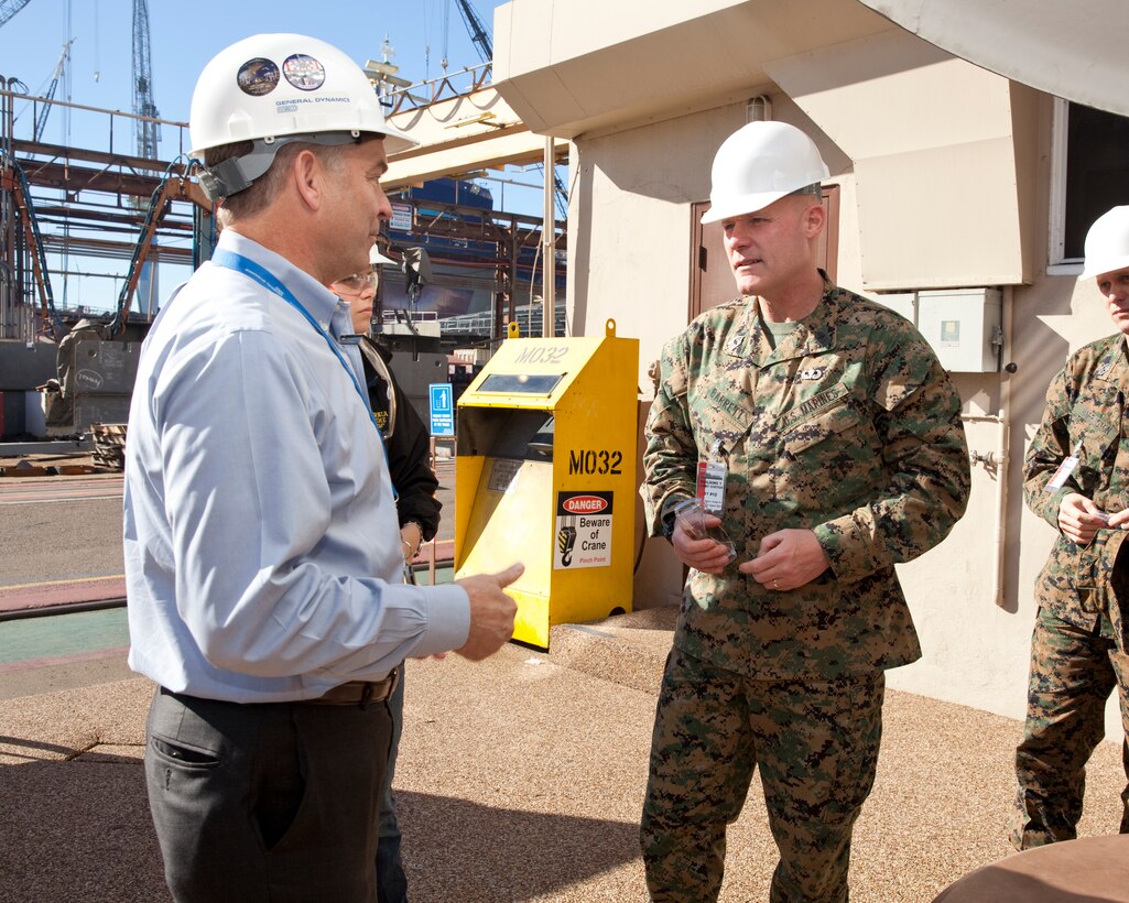 Sgt. Maj. Micheal P. Barrett, the 17th Sergeant Major of the Marine Corps, tours the USNS Lewis B. Puller (MLP-3) at Naval Base San Diego, Calif., on Jan. 5, 2015. (U.S. Marine Corps photo by Lance Cpl. Samantha K. Draughon/ Released)
