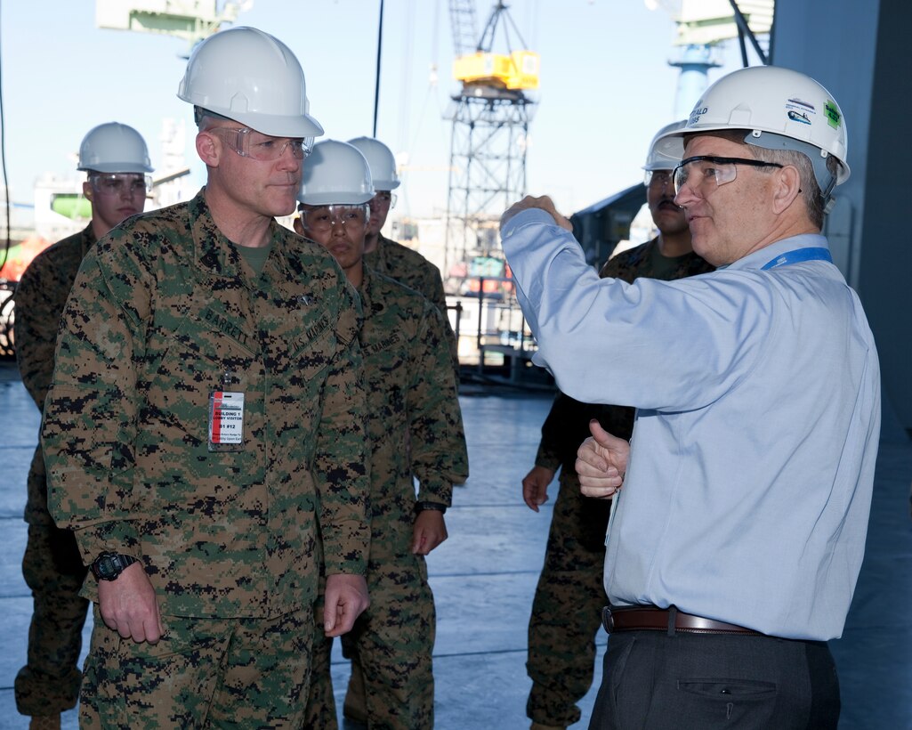 Sgt. Maj. Micheal P. Barrett, the 17th Sergeant Major of the Marine Corps, tours the USNS Lewis B. Puller (MLP-3) at Naval Base San Diego, Calif., on Jan. 5, 2015. (U.S. Marine Corps photo by Lance Cpl. Samantha K. Draughon/ Released)