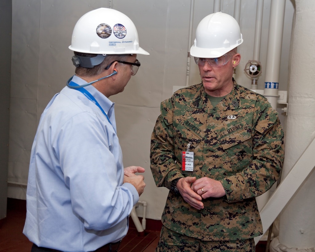 Sgt. Maj. Micheal P. Barrett, the 17th Sergeant Major of the Marine Corps, tours the USNS Lewis B. Puller (MLP-3) at Naval Base San Diego, Calif., on Jan. 5, 2015. (U.S. Marine Corps photo by Lance Cpl. Samantha K. Draughon/ Released)