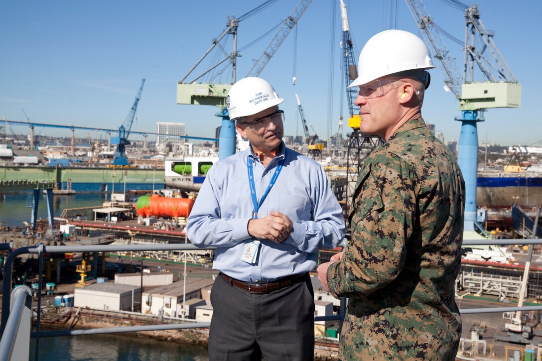 Sgt. Maj. Micheal P. Barrett, the 17th Sergeant Major of the Marine Corps, tours the USNS Lewis B. Puller (MLP-3) at Naval Base San Diego, Calif., on Jan. 5, 2015. (U.S. Marine Corps photo by Lance Cpl. Samantha K. Draughon/ Released)